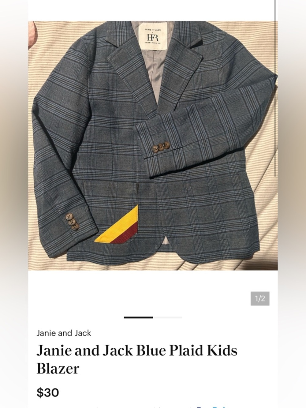 Janie and Jack Gray-Blue Plaid Kids Blazer with Contrast Patch